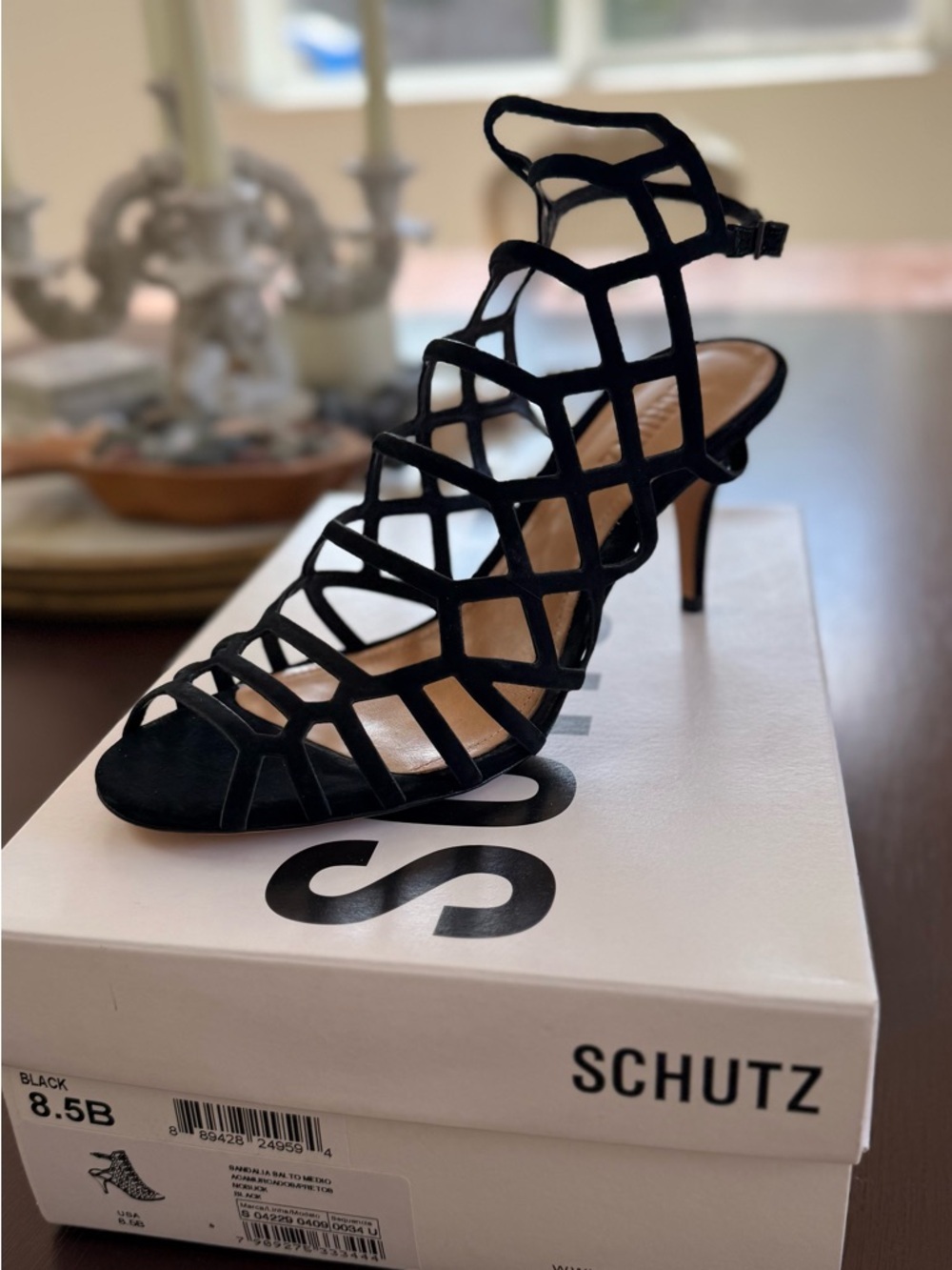 SCHUTZ Black Geometric Cage High Heel Sandal